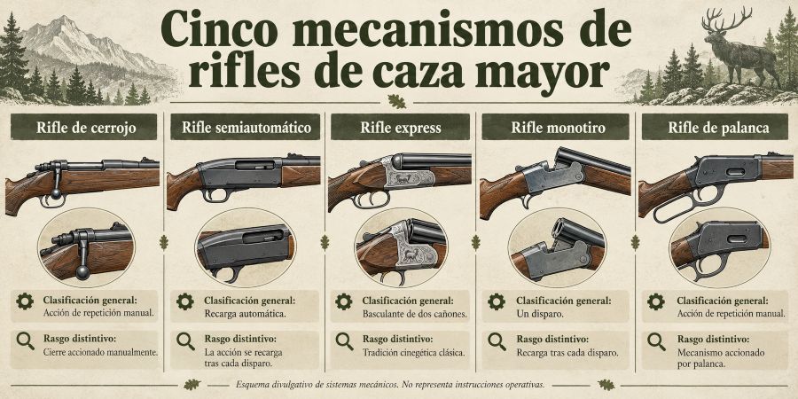 Cinco mecanismos de rifles de caza mayor